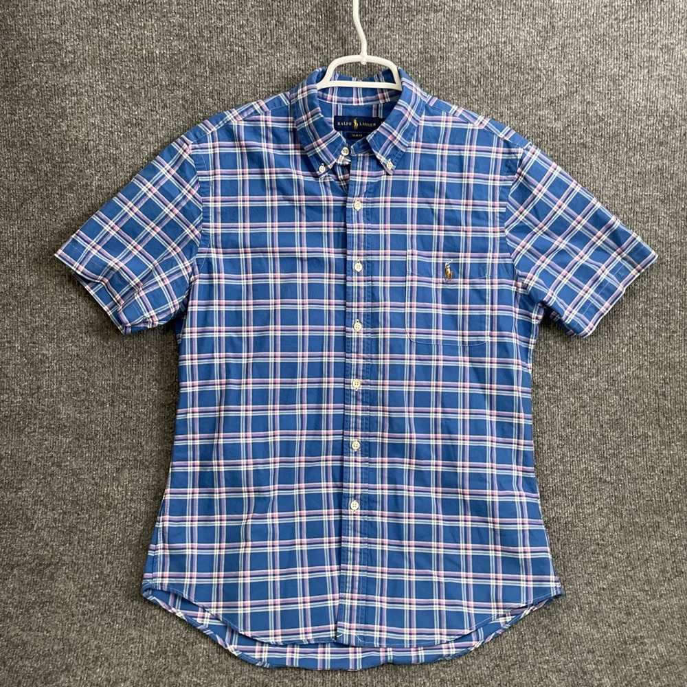 Polo Ralph Lauren Plaid Shirt Men's Sz L Slim Fit Short Sleeve Pony Blue Check